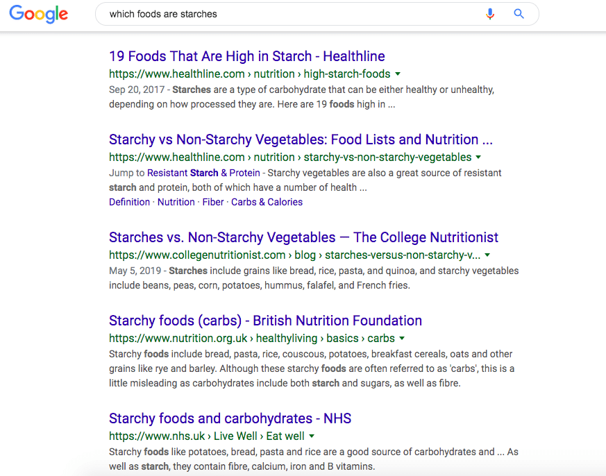 Example of Google search results for "which foods are starches".