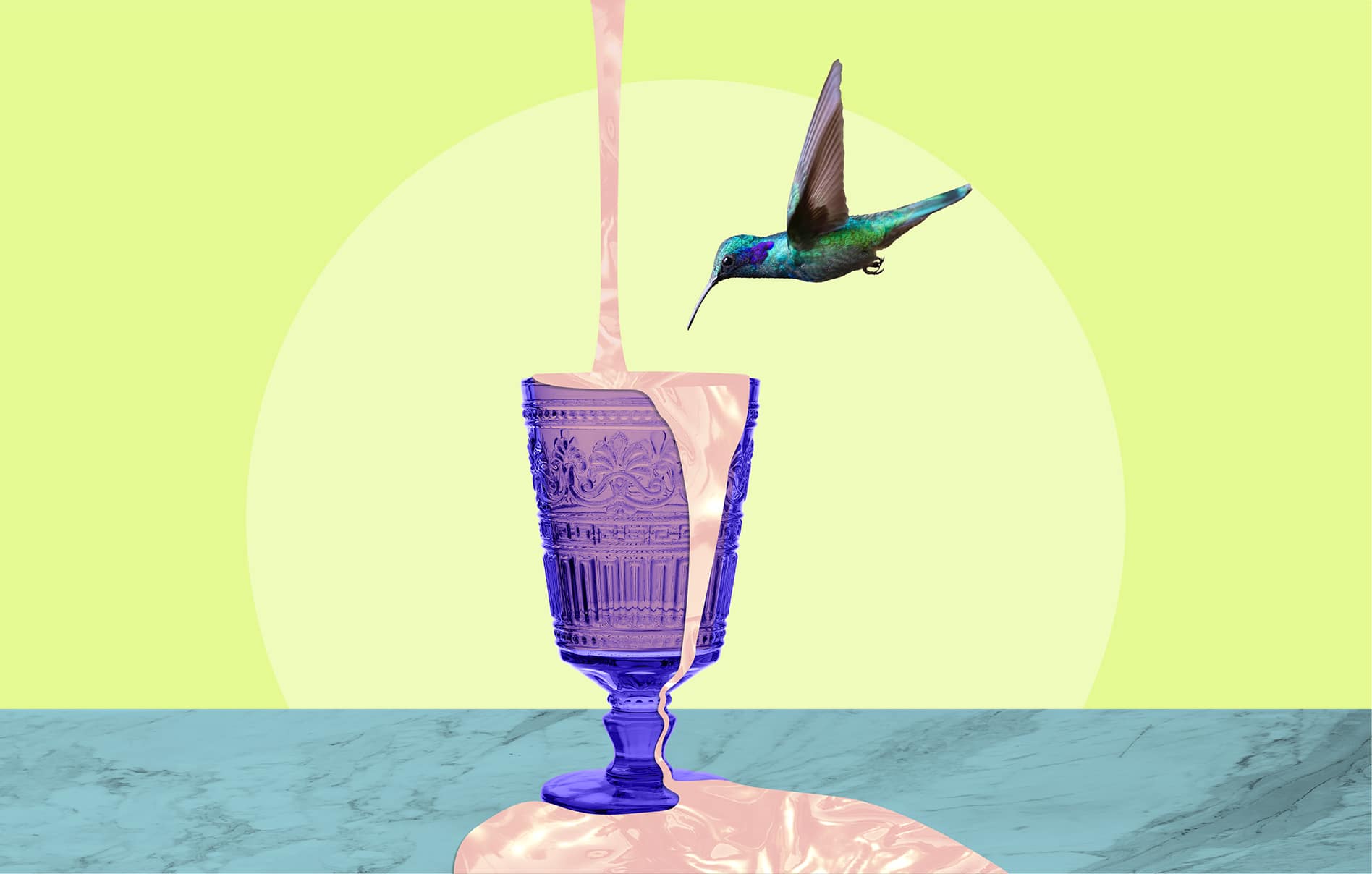 A hummingbird takes a sip from an overflowing cup.