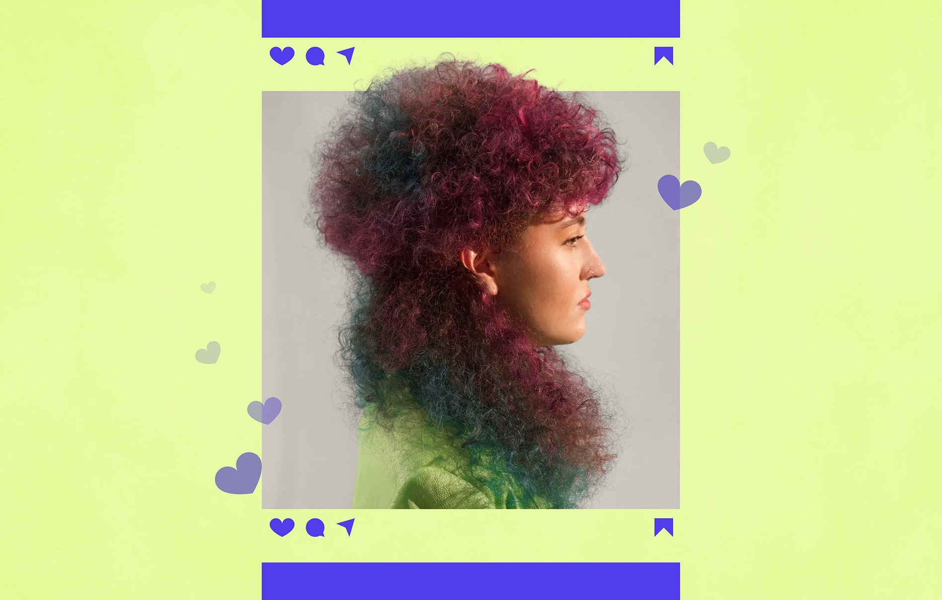 Image of a person with multicolor hair featured in an abstracted Instagram feed