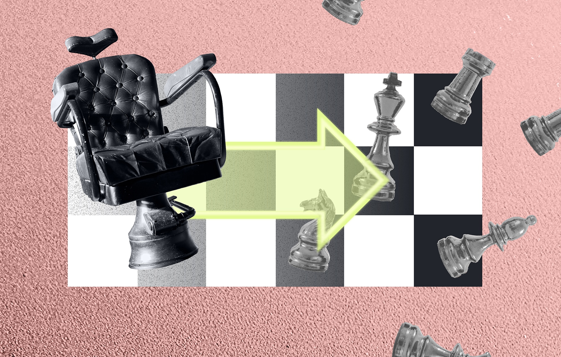 Salon chair moves across a chess board