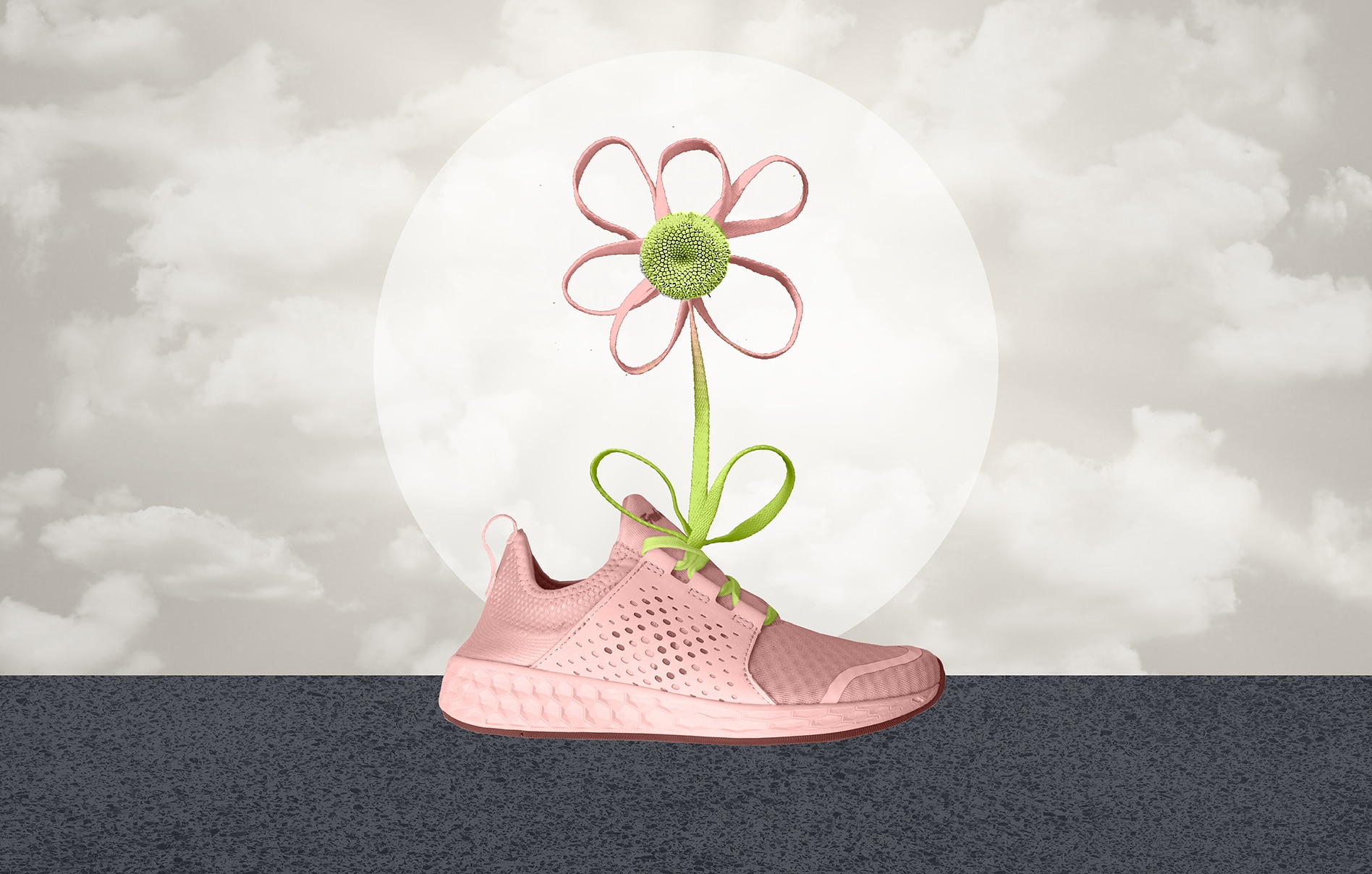 The shoelace of an athletic sneaker forms a flower