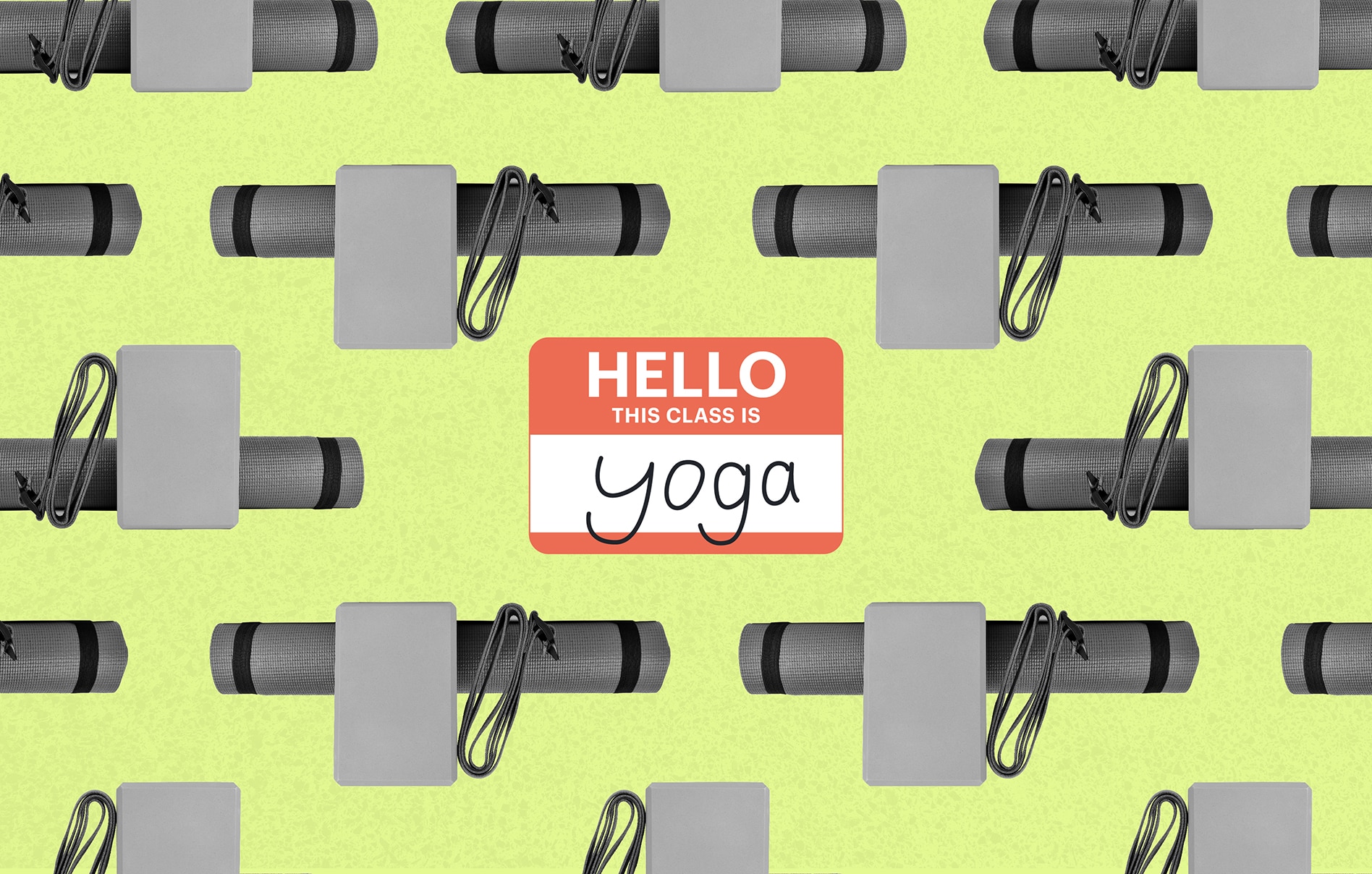 A name tag with the name written as "yoga" surrounded by yoga mats and blocks