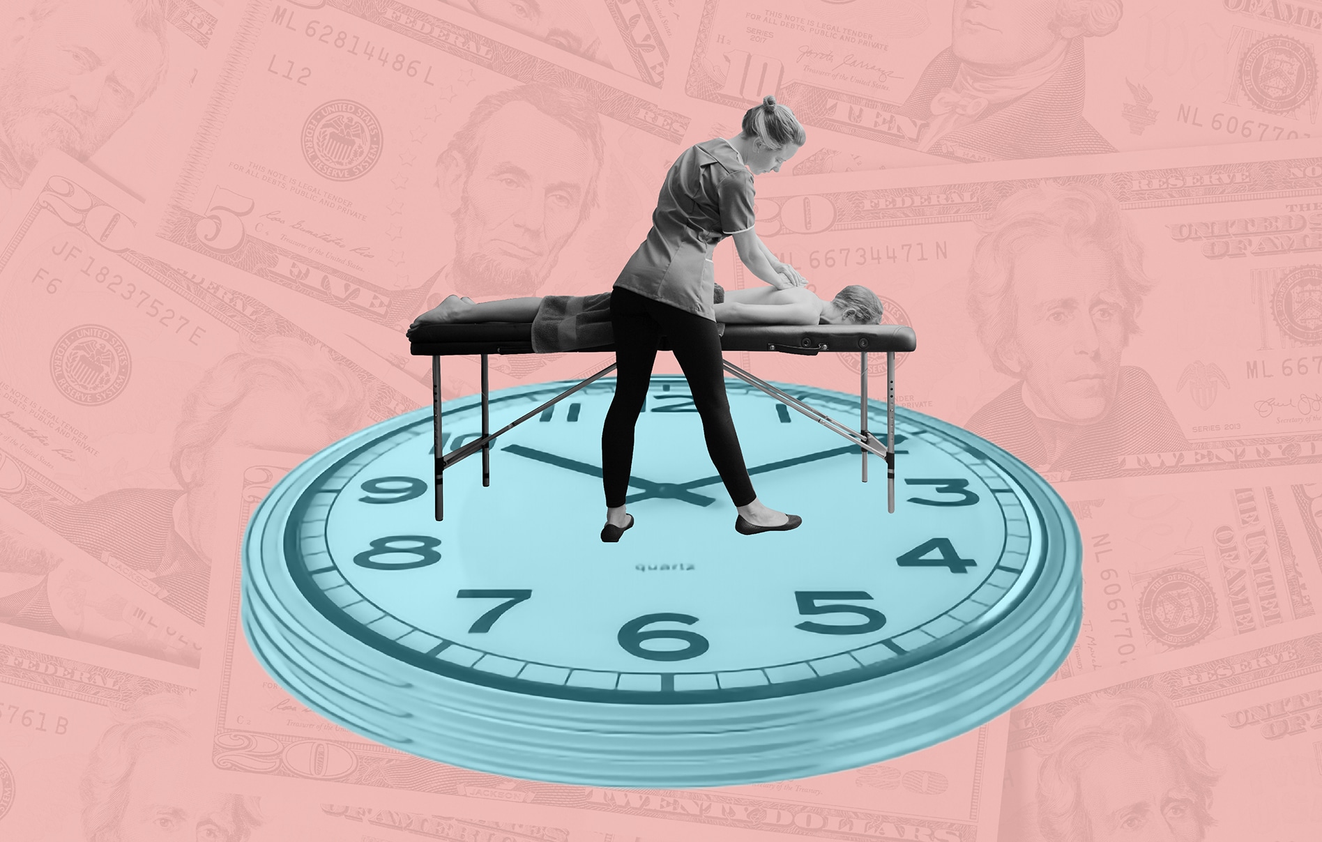 Person massaging another person on a table standing on a clock face with a background of paper money