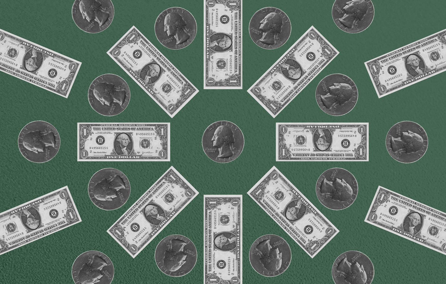 Collage of dollar bills and quarters