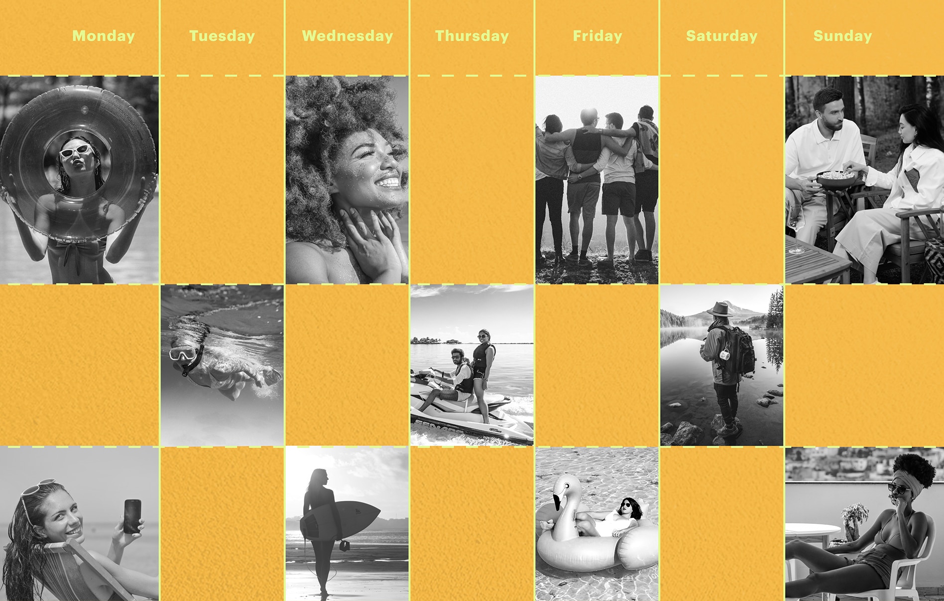 A week-view calendar with a collage of vacation photos filling the hours of each day