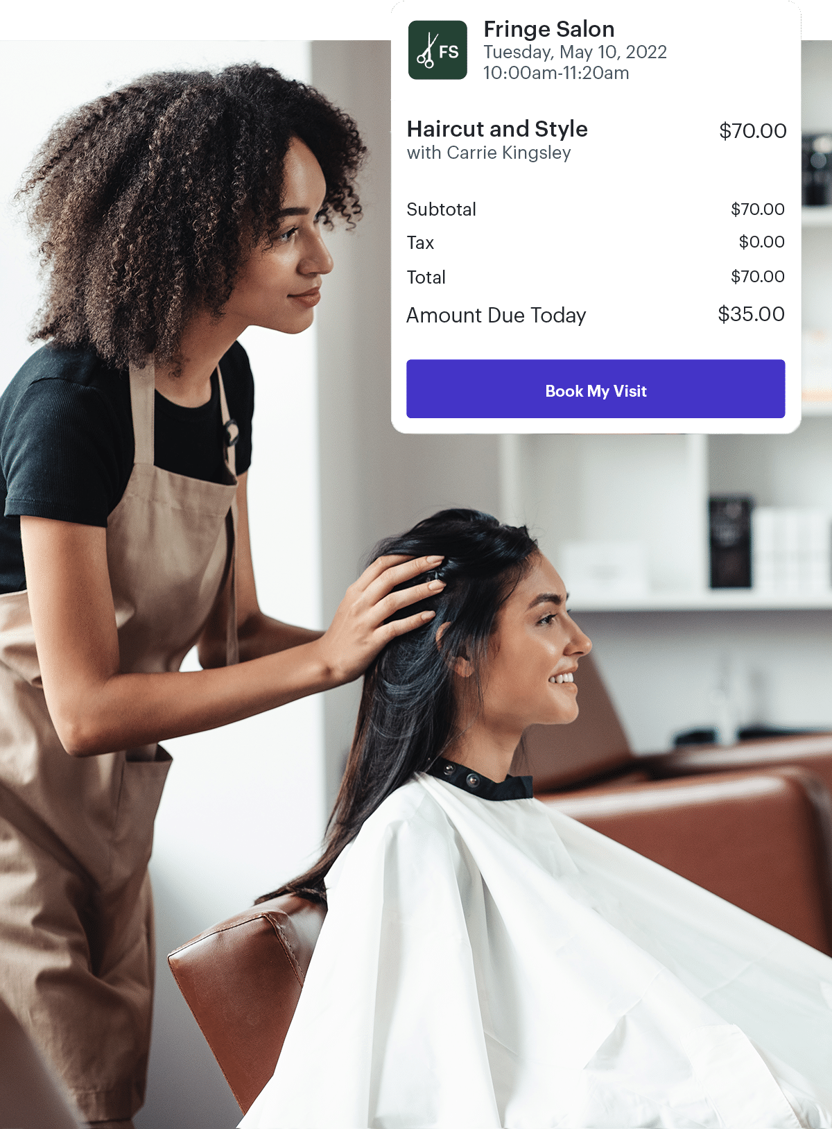 Image of a stylist holding someone's head with Schedulicity's booking user interface featured in the upper corner