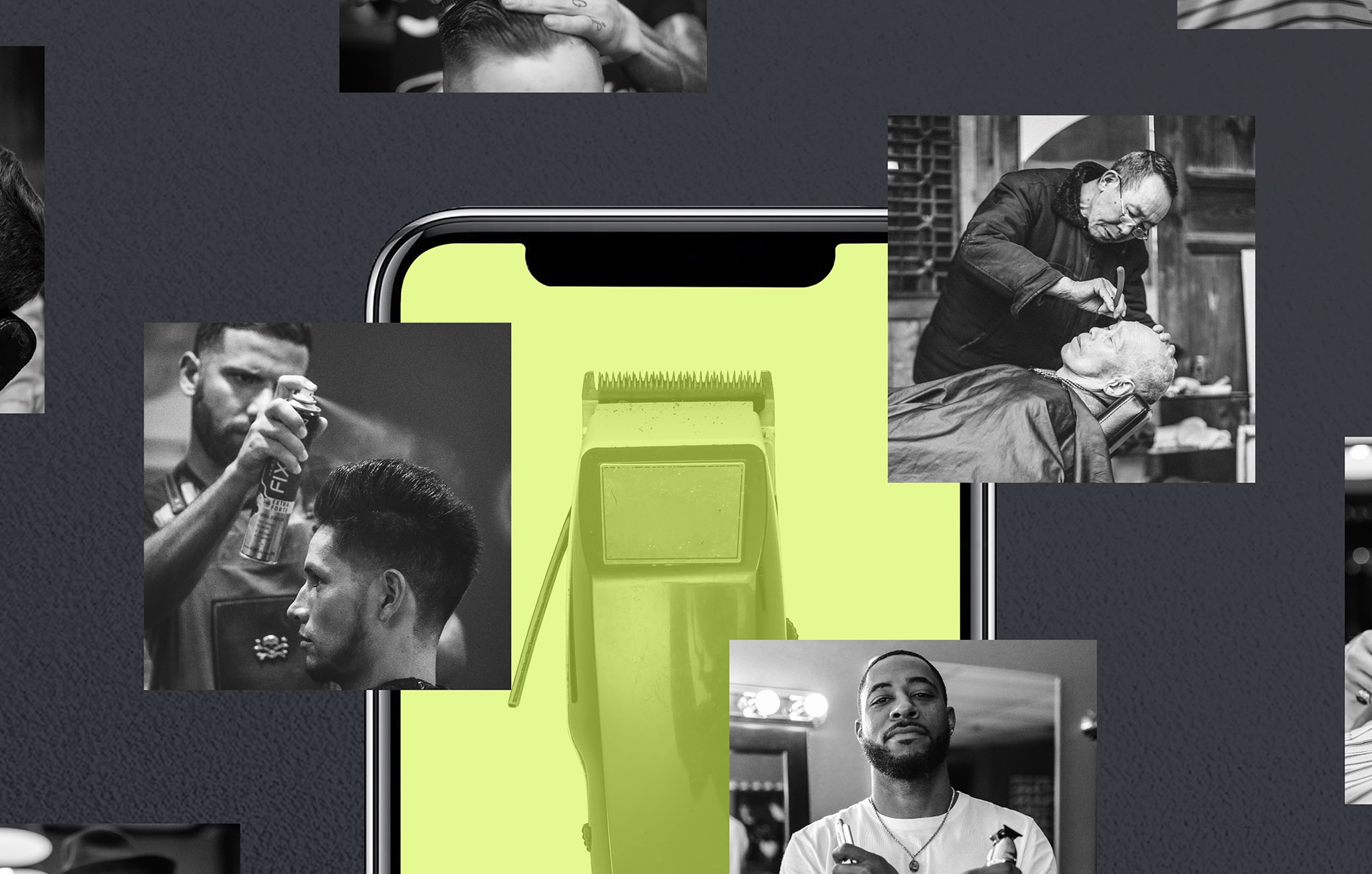 A phone displaying hair clippers surrounded by a collage of barbers at work