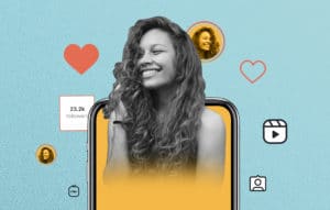Person's portrait coming out of a phone surrounded by instagram UI elements