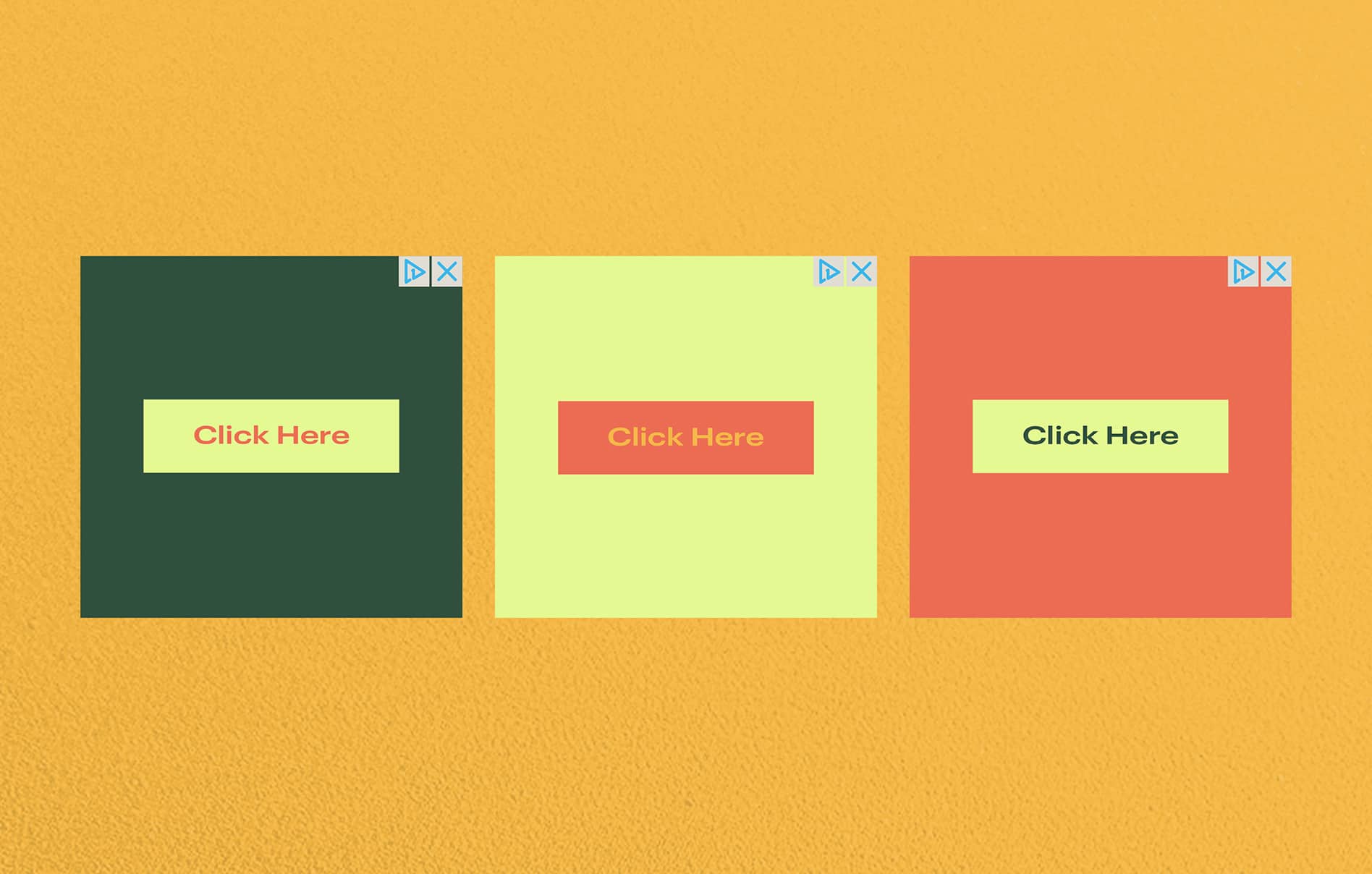 Image of three banner ads each with a button saying "click here"