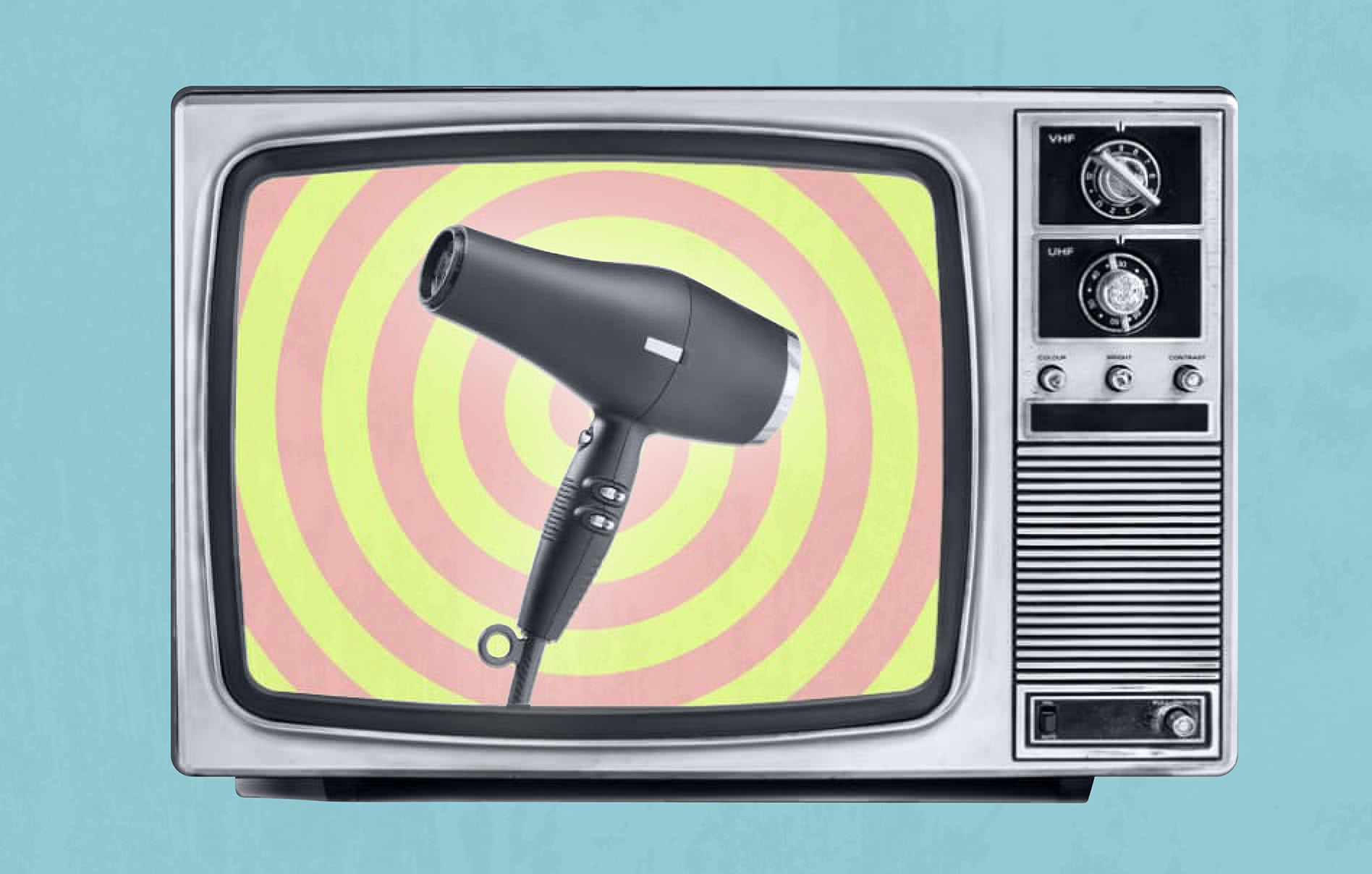 A vintage TV displaying a hair dryer in front of a hypnotic spiral