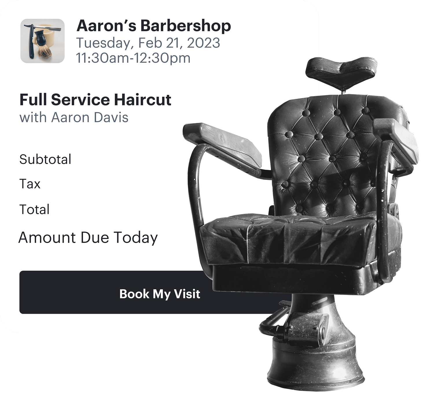 example of booking screen accompanied by a barber chair