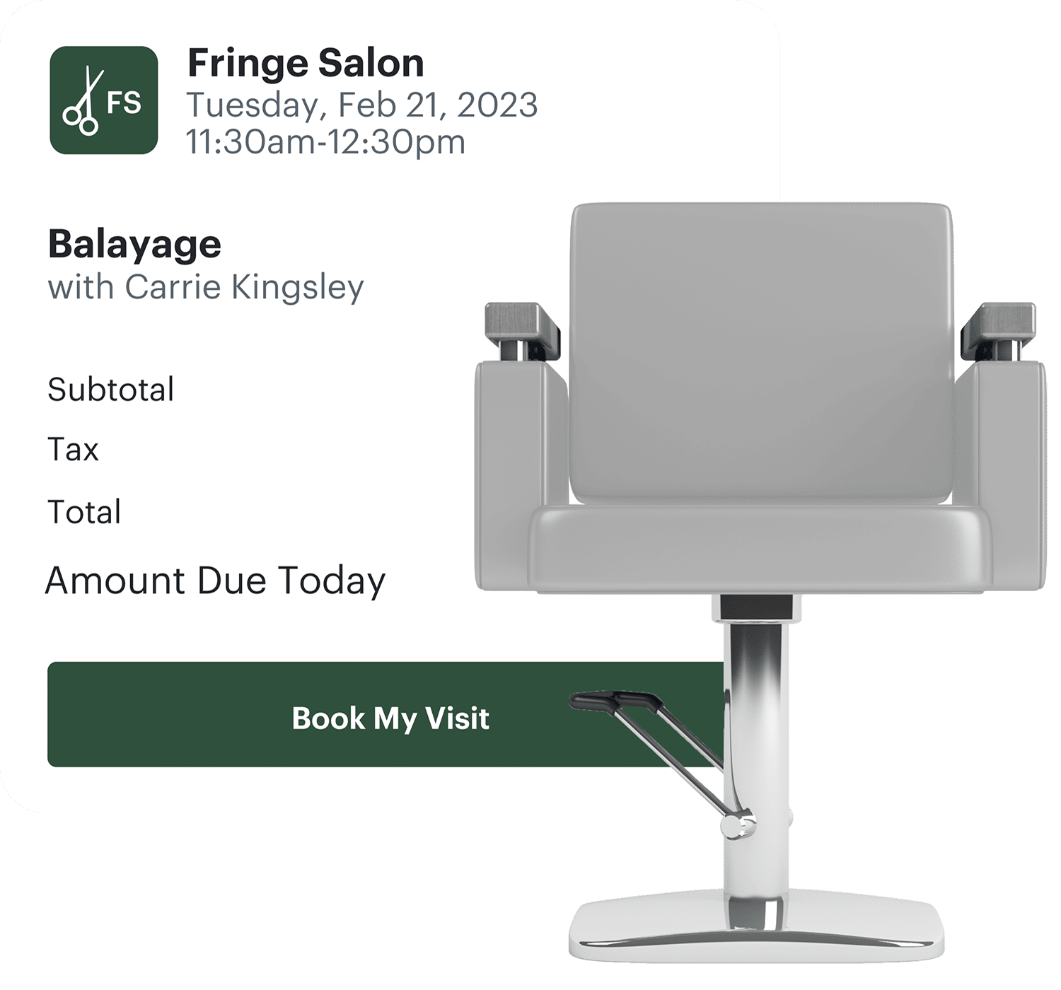 example of booking screen accompanied by a salon chair