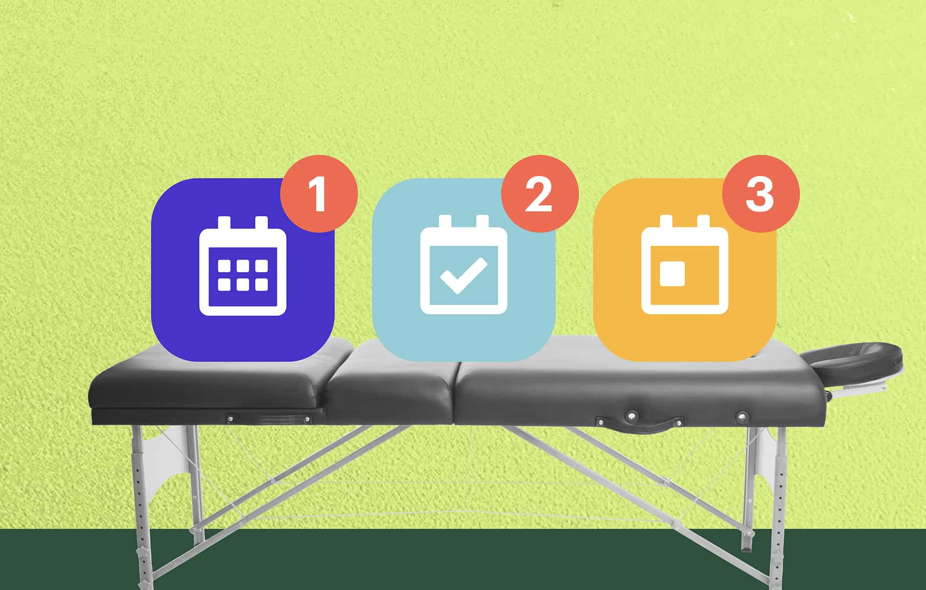 Three scheduling app icons sit on top of a massage table