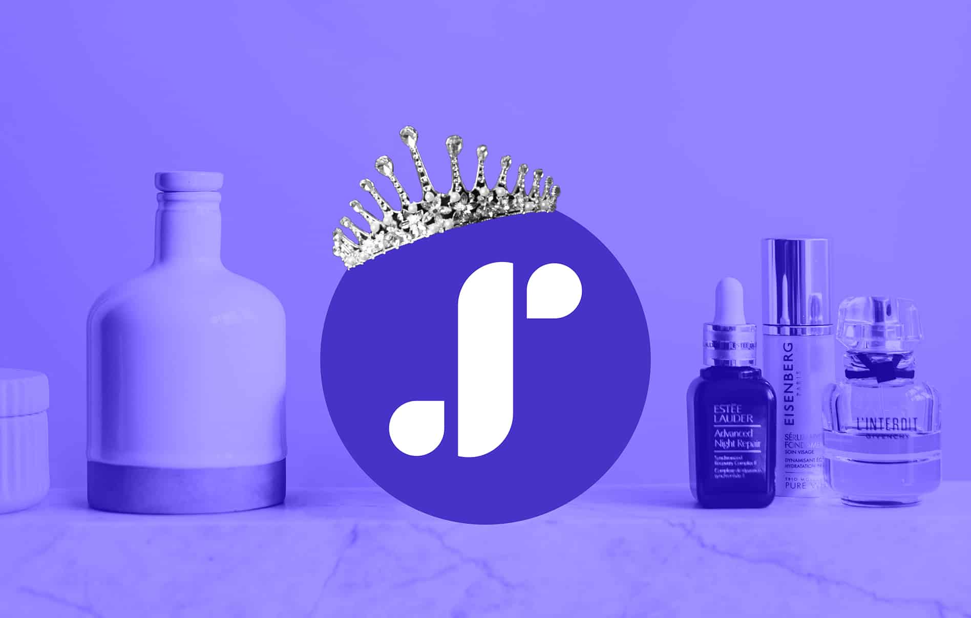Schedulicity logo wearing a tiara surrounded by bottled beauty products