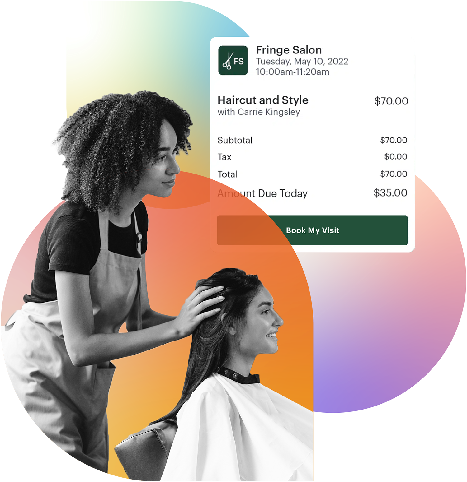 A person having her hair cut and styled at a salon with the Schedulicity booking interface in the corner