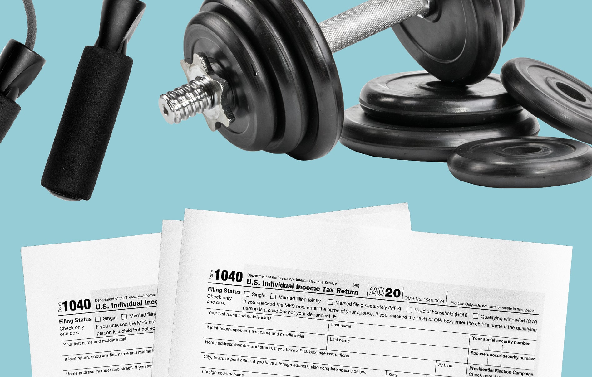 Tax forms and fitness equipment