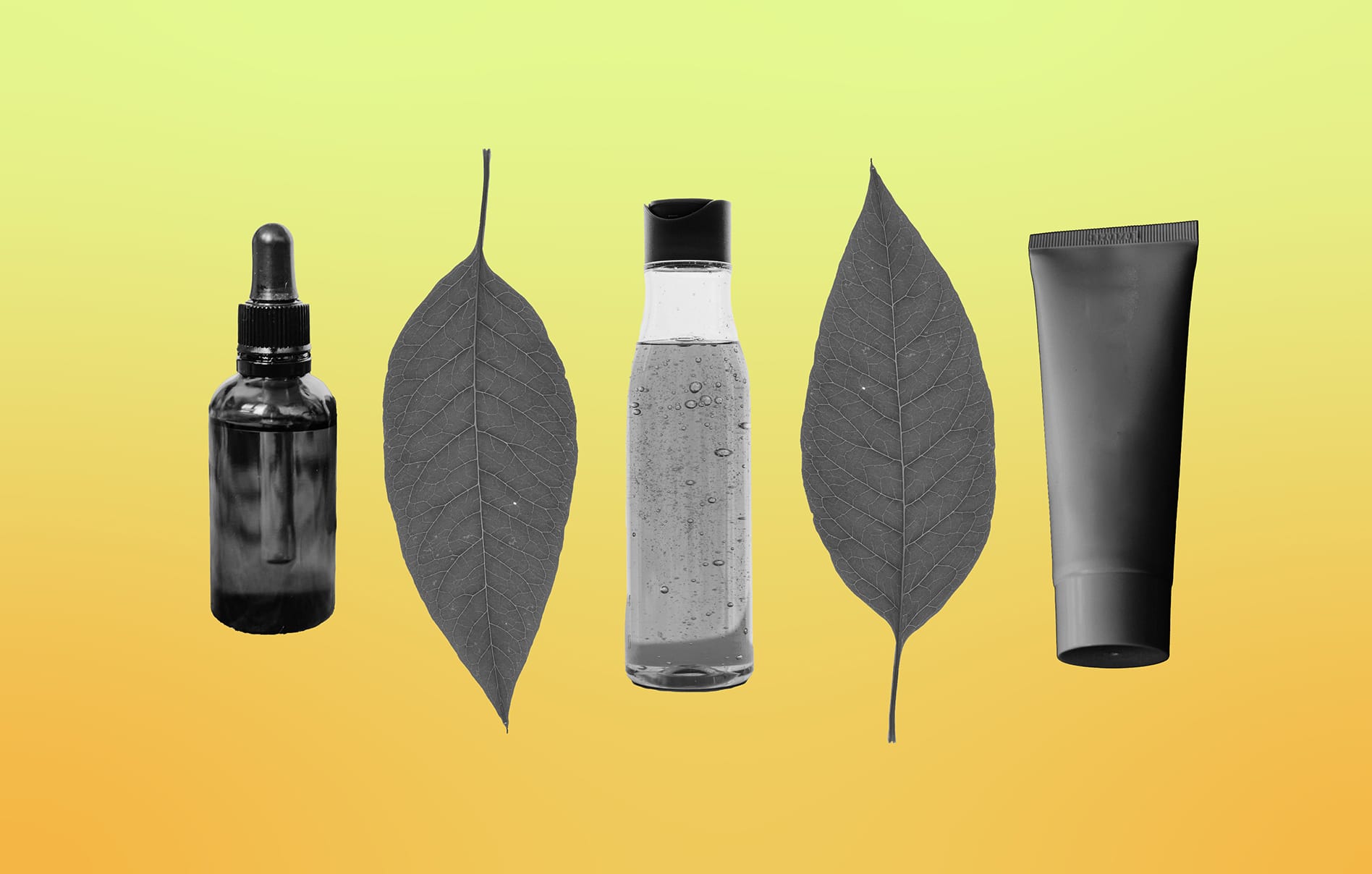 Plastic product bottles and leaves
