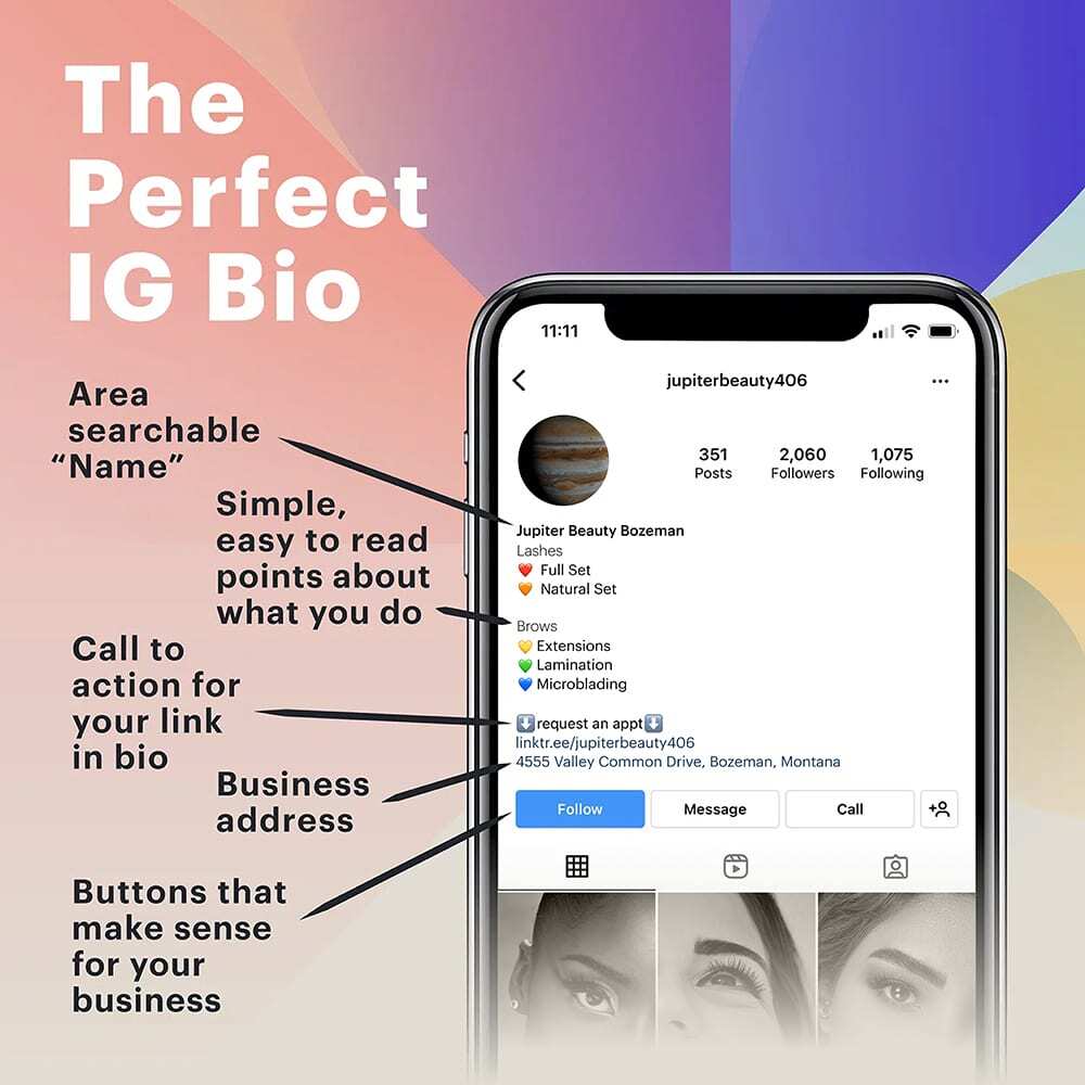 Instagram bio example for makeup artists, with Instagram on a phone and arrows pointing to important information to include.