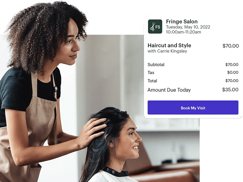 A stylist holding someone's head with Schedulicity's booking user interface featured in the upper corner