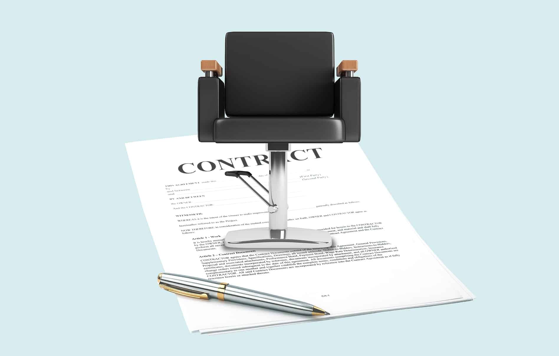A salon chair sitting on top of a paper contract