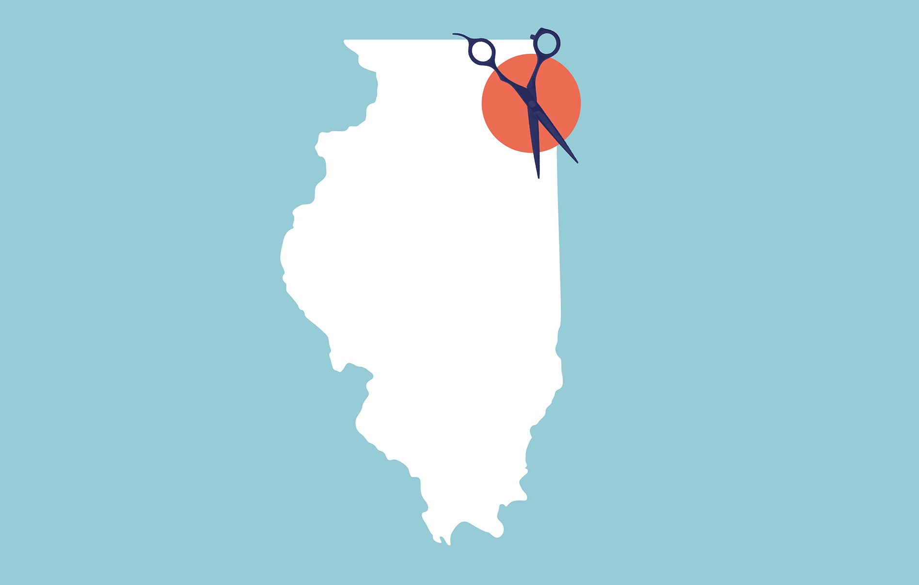 An outline of Illinois with Chicago highlighted with a circle and a pair of hair scissors